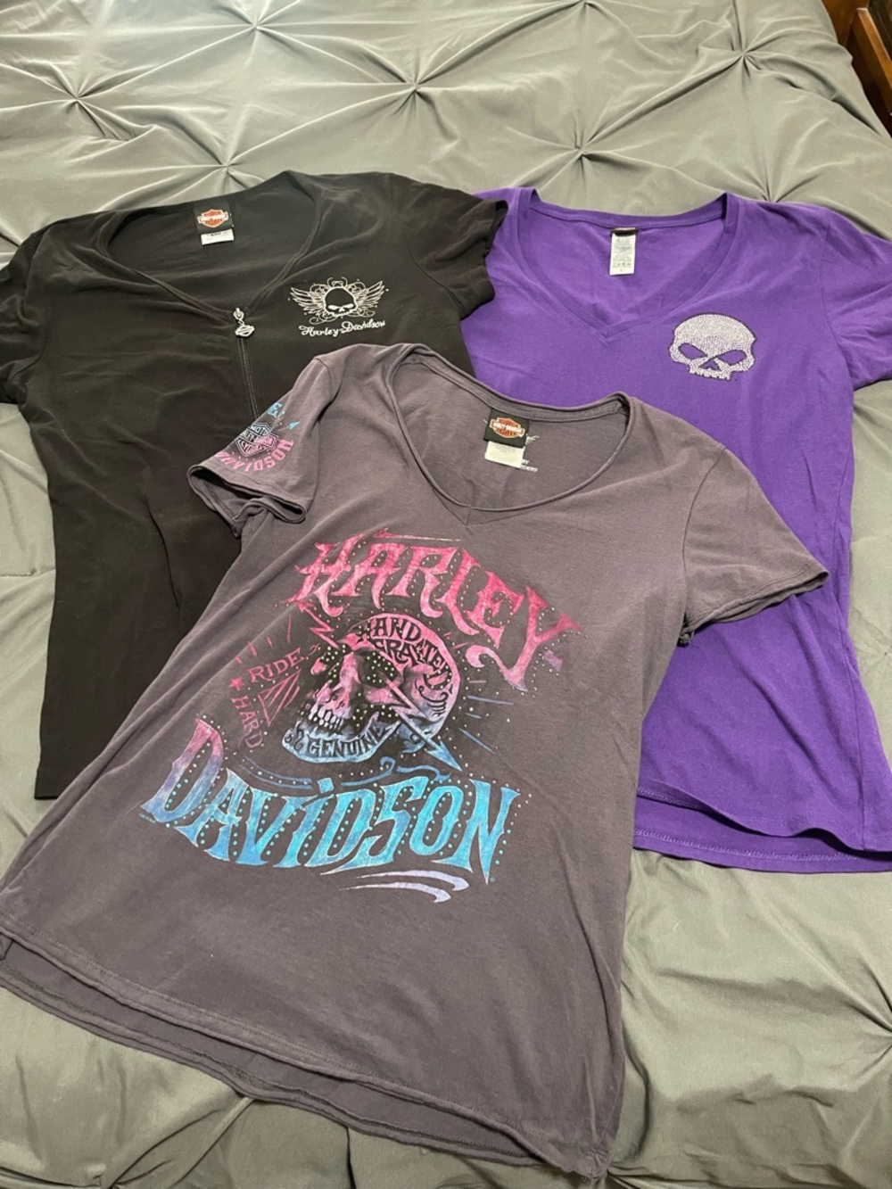Harley-Davidson Women's Black, Purple, Gray Graphic Tee Trio EUC LARGE